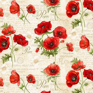 Poppy Floral and Words 44" fabric by Timeless Treasures, CD3804 Cream, Poppy Passion
