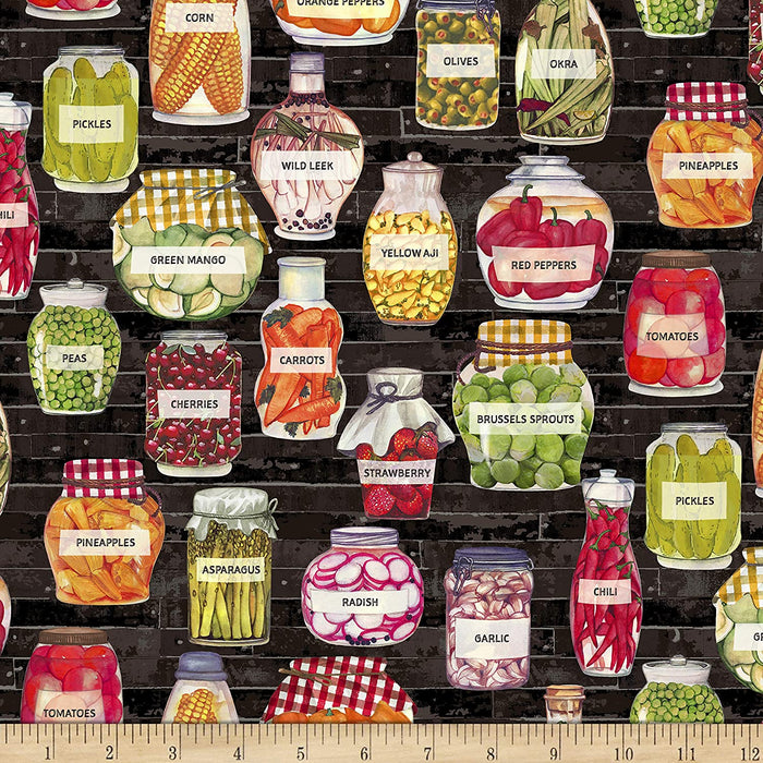 Certified Delicious Pickled Produce Black 44" fabric by Windham, 52441D-3