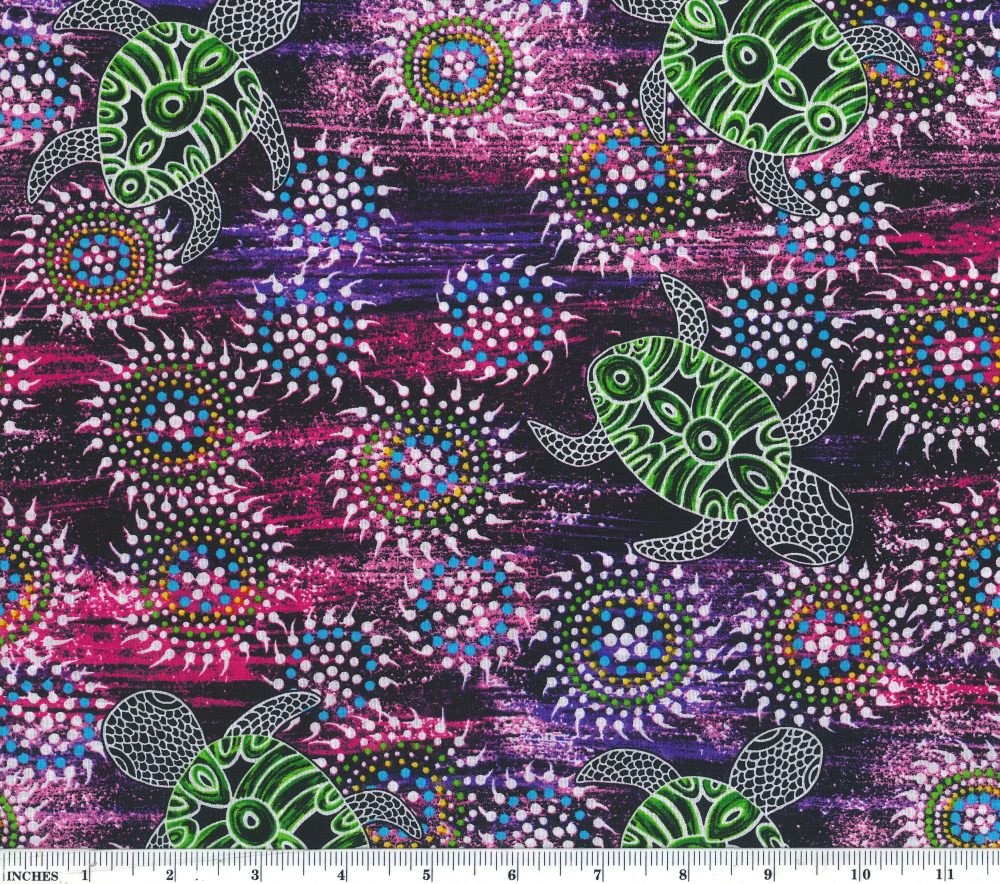 Sea Dreaming Purple Aboriginal 44" fabric by M&S textiles, SEDP, Urchins and turtles