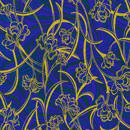 Peacock Garden Metallic Floral Whisper Navy44" fabric by Kaufman, SRKM-20666-78