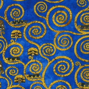 Swirls Cobalt Gold Metallic, Gustav Klimt 44" fabric by Kaufman, SRKM-21350-72
