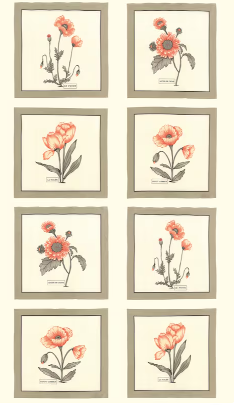 Salmon Poppy Flower on Cream 24" panel by Moda, 17970 11, Le Pavot