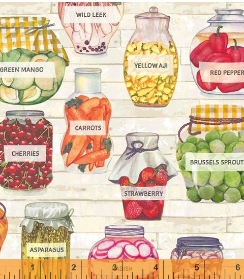 Ivory Pickled Produce 44" fabric by Windham, 52441D-1, Certified Delicious