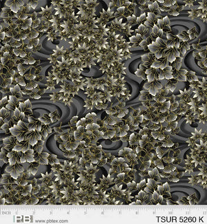 Black swirling leaves 44" fabric by P&B, Tsuru, 05260-K, gold metallic accents