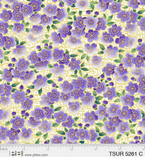 Cream & Purple Ditzy Flowers 44" fabric by P&B, Tsuru, 05261-C, gold metallic