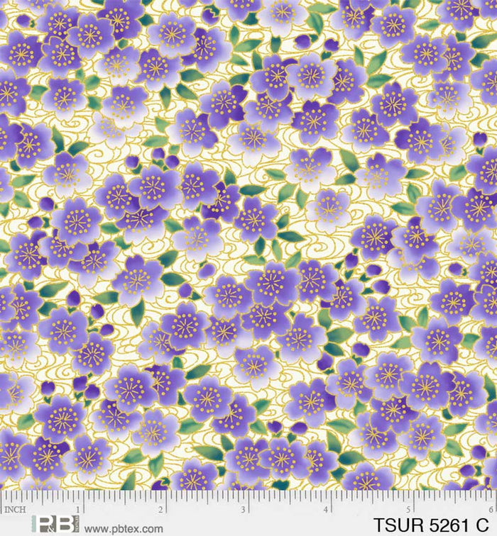 Cream & Purple Ditzy Flowers 44" fabric by P&B, Tsuru, 05261-C, gold metallic