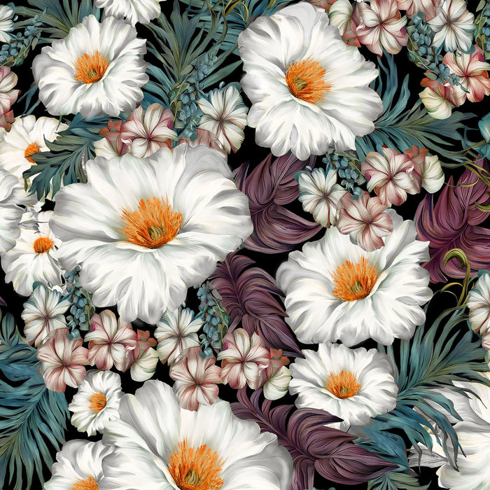 White Tropical Flowers 44" fabric by Hoffman,  X5673-3, Island Bouquet