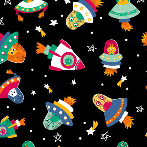Glow in the Dark Aliens 44" fabric by Clothworks, Blast off! Y4387-3