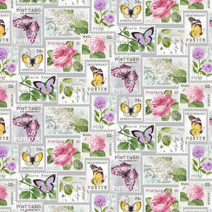 Butterfly Stamps 44" fabric by Northcott, DP23970-92, Scented Garden