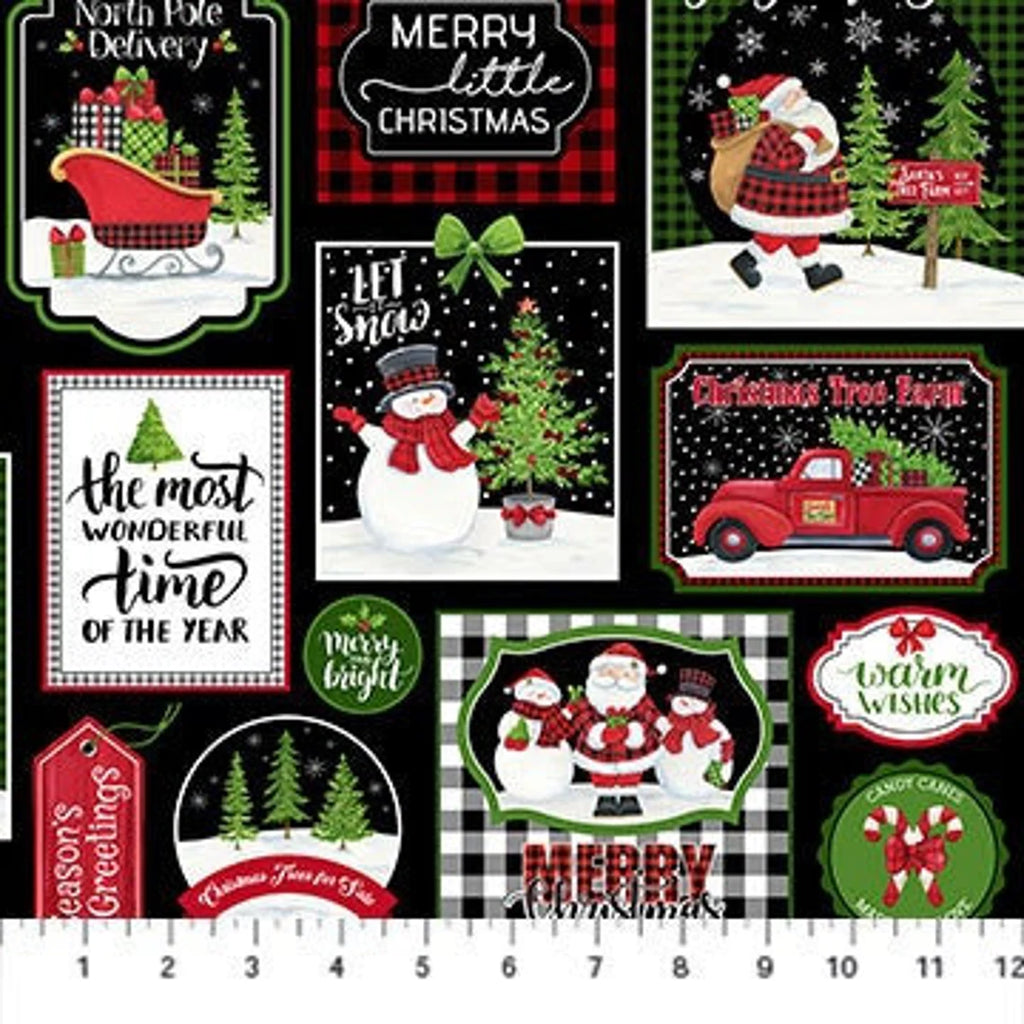 Santa Patches 44" fabric by Northcott, 24732-99, Santa's Tree Farm