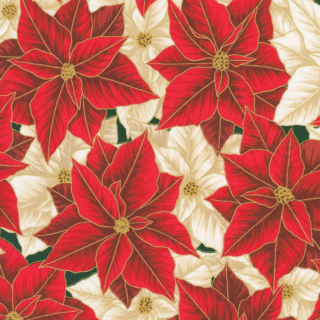 Holiday Flourish Festive Finery Packed Poinsettias Crimson Gold metallic 44" fabric by Kaufman, SRKM-22285-91