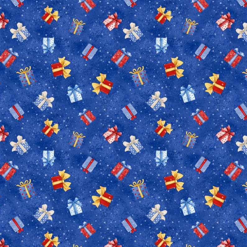 Dark Blue Present Toss 44" fabric by Wilmington, 45156-493