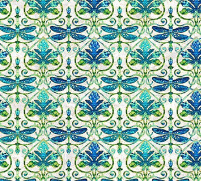 Dragonfly Damask-Cream Blue Green Metallic 44" fabric by Northcott, 24453M-11, Luminosity