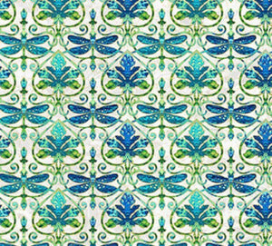Dragonfly Damask-Cream Blue Green Metallic 44" fabric by Northcott, 24453M-11, Luminosity
