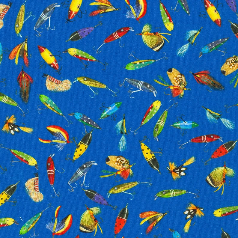 Lake House Fly Fishing Lures 44" fabric by Kaufman, AMKD-21565-71, Lagoon