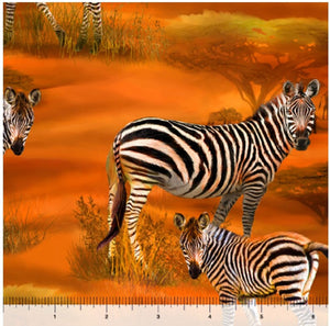 Zebra Sunset Zebra Scenic Orange 44" fabric by Quilting Treasures, 29238-O