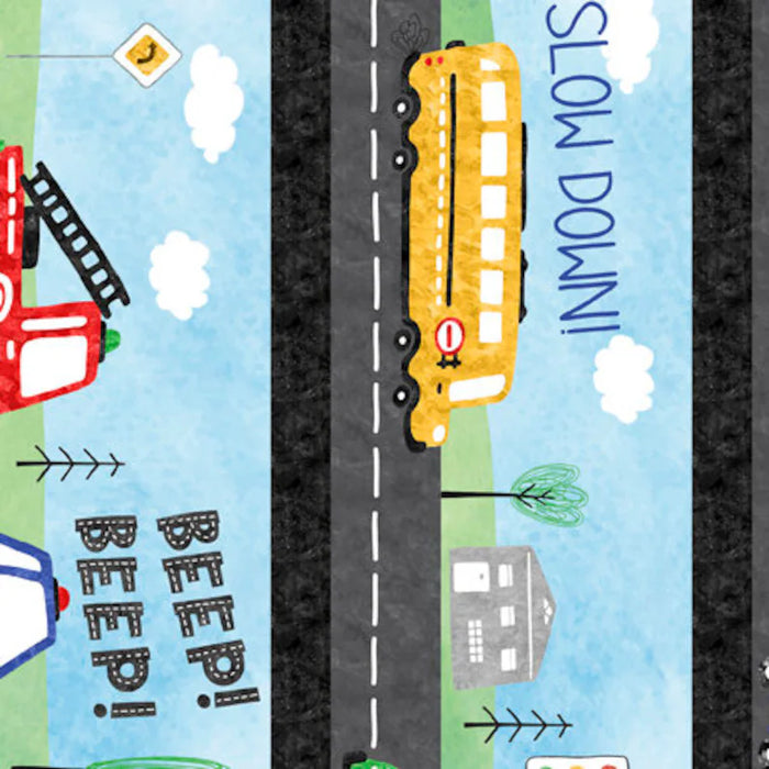Beep! Beep! Transportation decorative stripe 44" fabric by Quilting Treasures, 29110-B