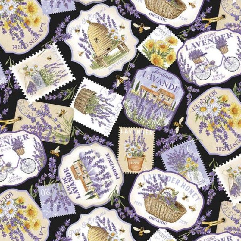 Lavender Market labels 44" fabric by Northcott, DP24470-99