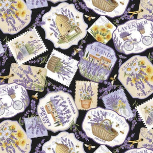 Lavender Market labels 44" fabric by Northcott, DP24470-99