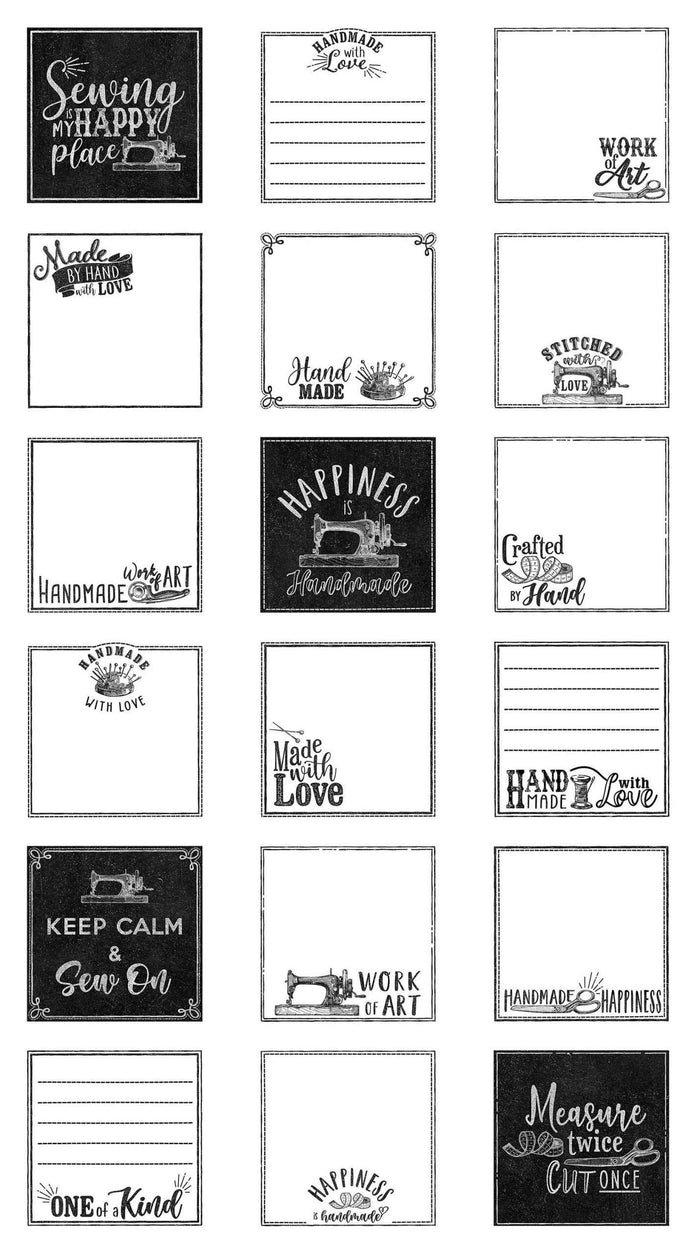 Black and White Quilt Label 24" panel by Northcott, 24218-10, Sewing is my happy place