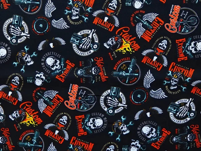 On the Road Motorcycle Extreme and Custom 44" fabric by Kaufman, SRKD-20203-blk
