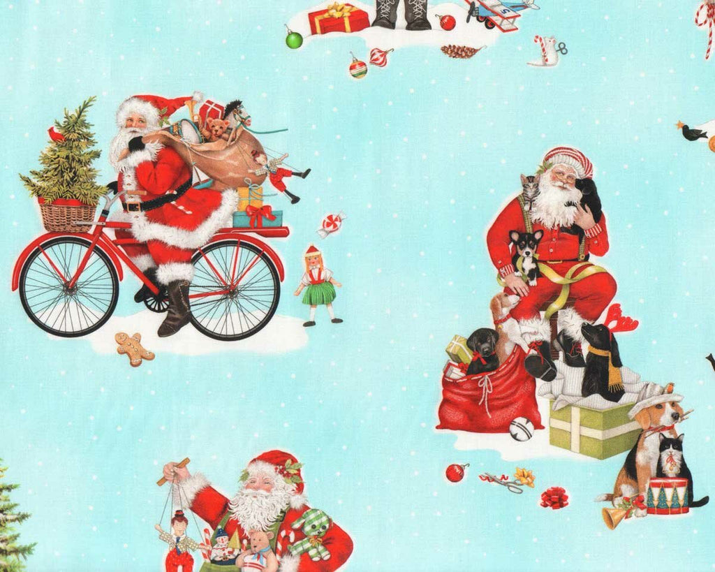 Holly Jolly Christmas 44" fabric by Kaufman, AMKD-20485-4, Blue Santa Scenic