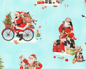 Holly Jolly Christmas 44" fabric by Kaufman, AMKD-20485-4, Blue Santa Scenic