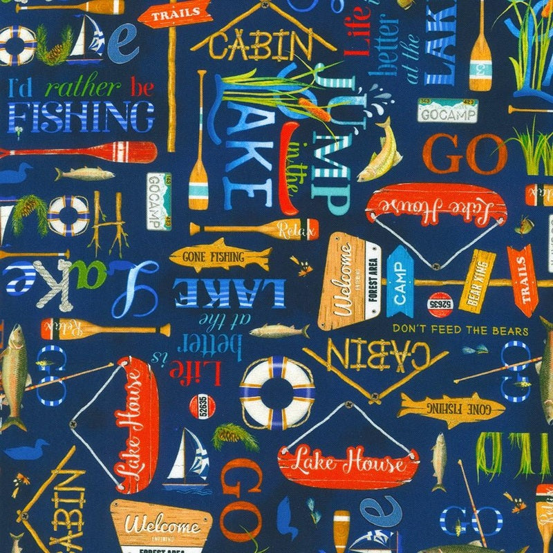 Lake House Camping words 44" by Kaufman, AMKD-21161-9, Navy