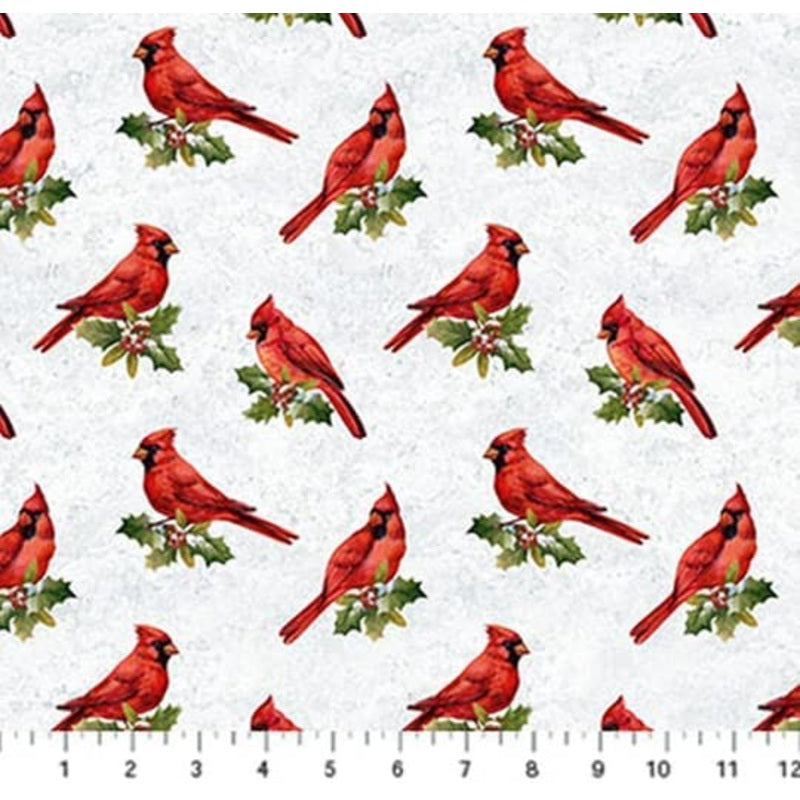 Cardinals on off white 44" fabric by Northcott, DP24088-11, The Cardinal's Visit