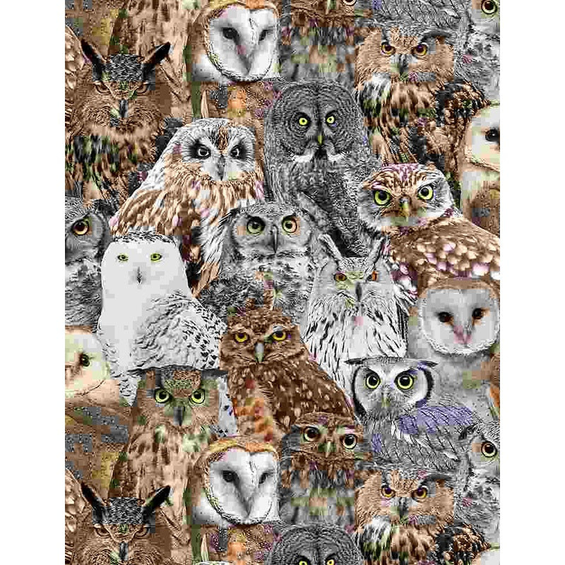 Packed Realistic Owls 44" fabric by Timeless Treasures, Bird-C7947