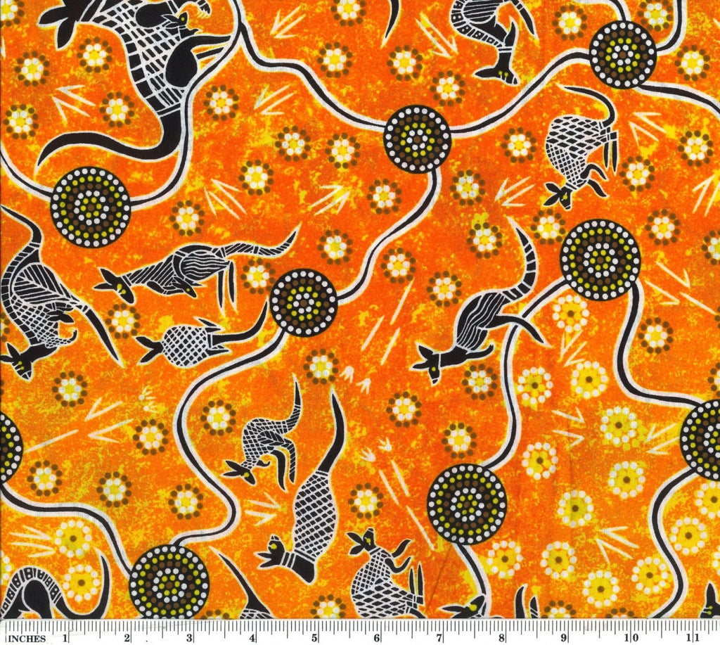 Kangaroo Dreaming 2 Orange 44" fabric, Australian Aboriginal, M&S Textiles
