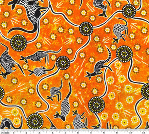 Kangaroo Dreaming 2 Orange 44" fabric, Australian Aboriginal, M&S Textiles