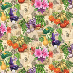 Old Farmers Almanac Floral Vegetables on Sepia 44" fabric by Sykel, 10325-X