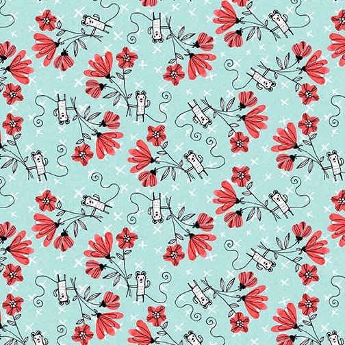 Elephant Joy Teal Fun with Flowers 44" fabric by Contempo, 10415-84