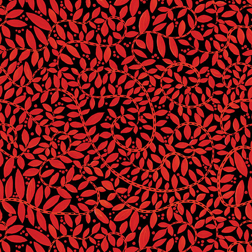 Red/Black Fantasy Fern 44" fabric by Benartex, 10434-20, Folktown Cats