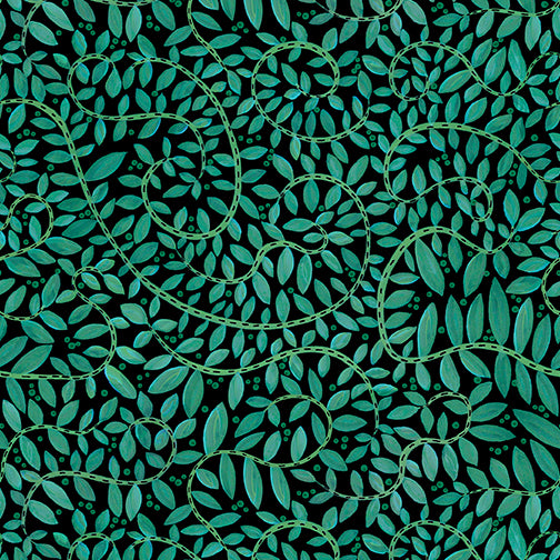 Teal/Black Fantasy Fern 44" fabric by Benartex, 10434-84, Folktown Cats