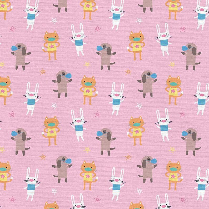 Pink Maskup 44" fabric by Paintbrush Studios, 120-21769, cats, dogs & rabbits with face masks