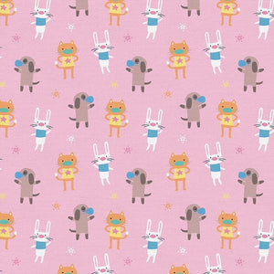 Pink Maskup 44" fabric by Paintbrush Studios, 120-21769, cats, dogs & rabbits with face masks