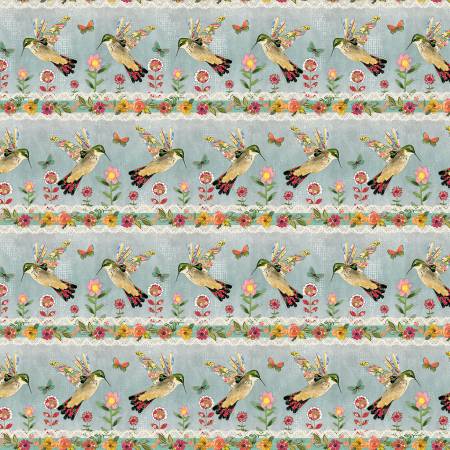 Hummingbird stripe 44" fabric by Benartex, Turquoise Garden of Light, 12991-84