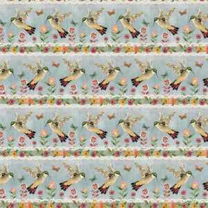 Hummingbird stripe 44" fabric by Benartex, Turquoise Garden of Light, 12991-84