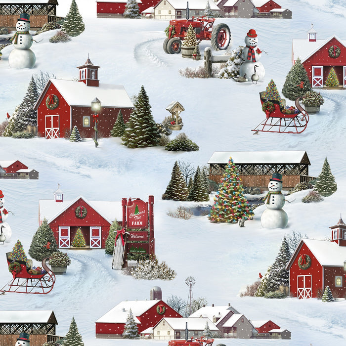 Wintertime Country Scene, 44" quilt fabric, Elizabeth's Studio, 13003-snow,  'Tis the Season