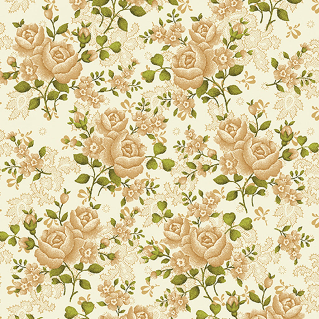 Cream and sage flowers (roses)108" fabric by Benartex, 1649WB-74, Homestead