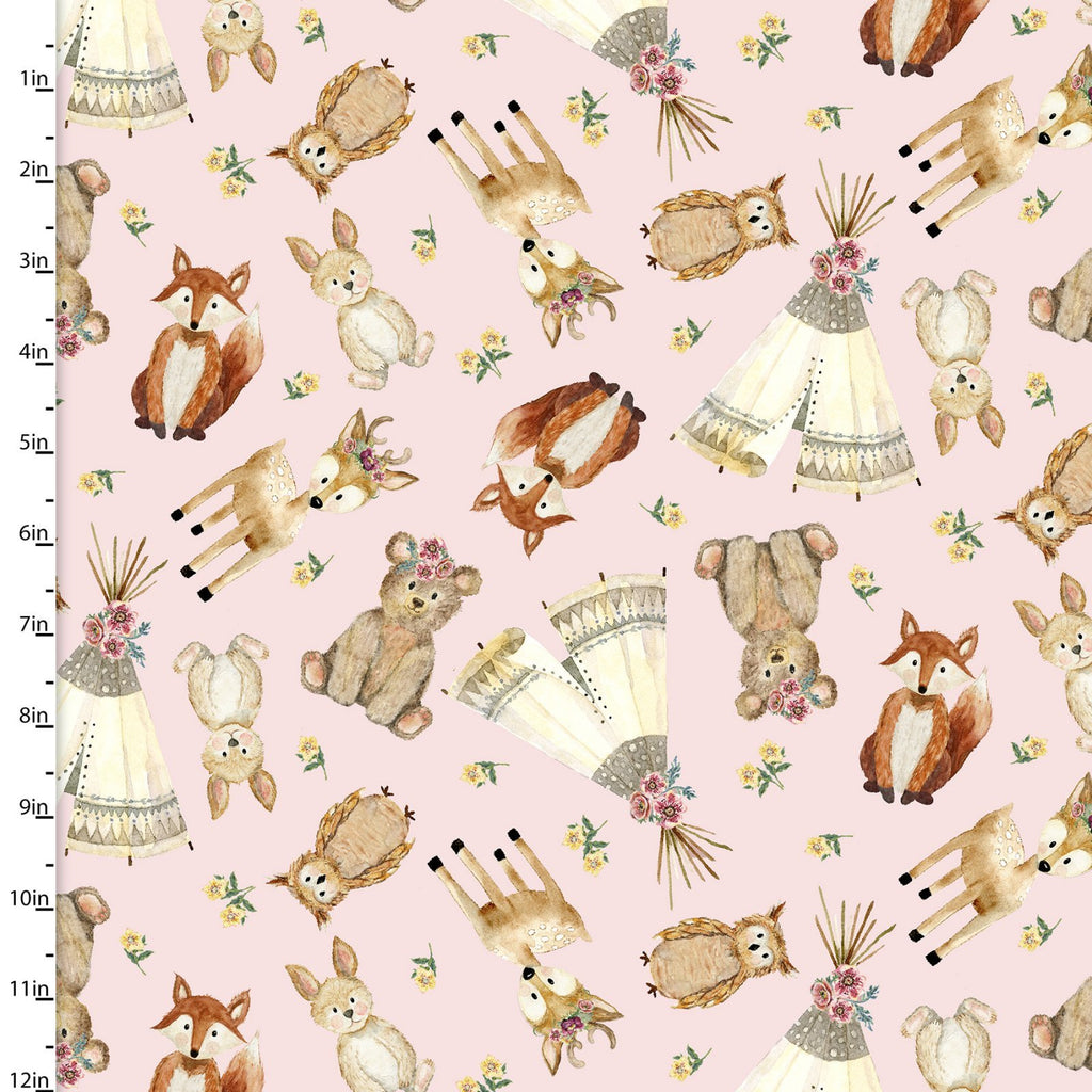 Forest Friends Allover Tossed Pink Animals 44" fabric by 3 wishes, 18673-pnk