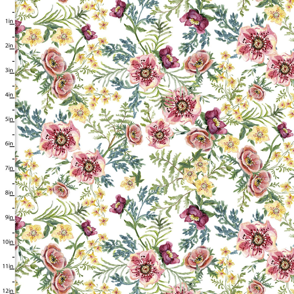 Forest Friends White Flowers 44" fabric by 3 wishes, 18674-wht