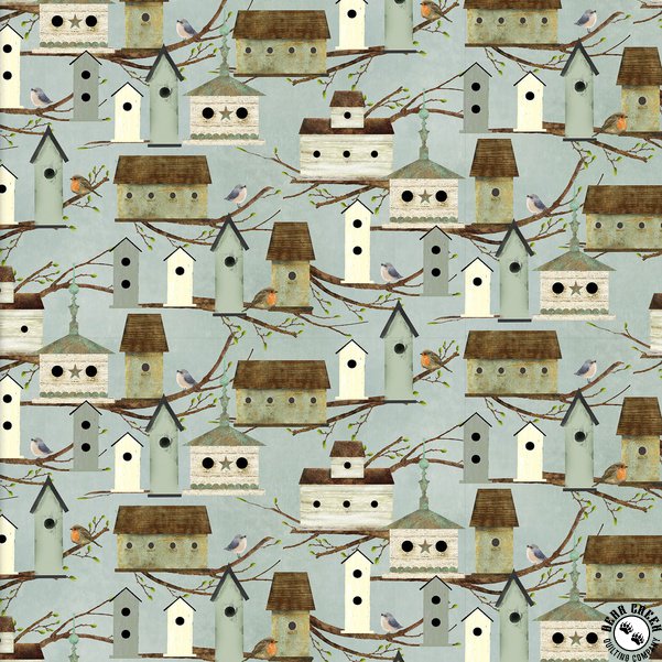 Touch of Spring Blue Bird Houses 44" fabric by 3 wishes, 18745-blu