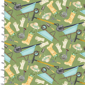 Touch of Spring Green Garden Tools 44" fabric by 3 wishes, 18752-grn