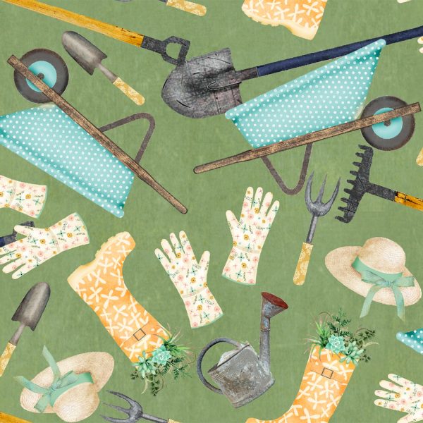 Touch of Spring Green Garden Tools 44" fabric by 3 wishes, 18752-grn