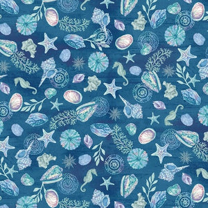Blue Sea Shells & Seahorses, 44" fabric by Henry Glass, Salt & Sea, 221-77
