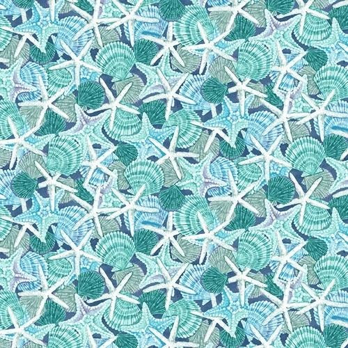 Blue Star Fish and Sea Shells 44" fabric by Henry Glass, Salt & Sea, 223-11