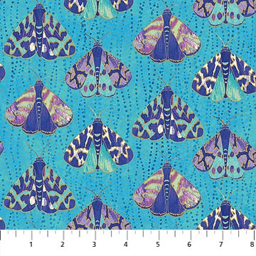 Teal Metallic Moths 44" fabric, Northcott, 22958M-63, Fantasia Moths